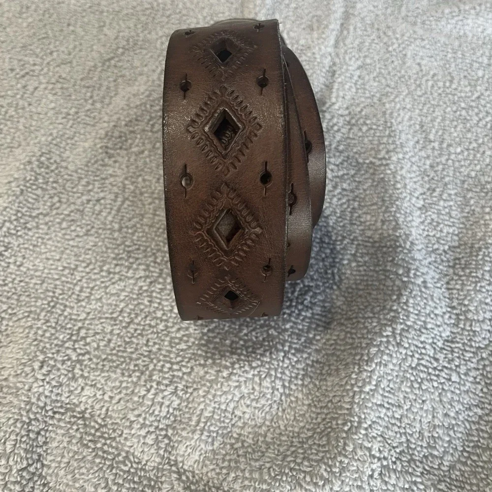Fossil Brown Leather Laser Diamond Cut Belt Western Boho Large Hippie Unisex